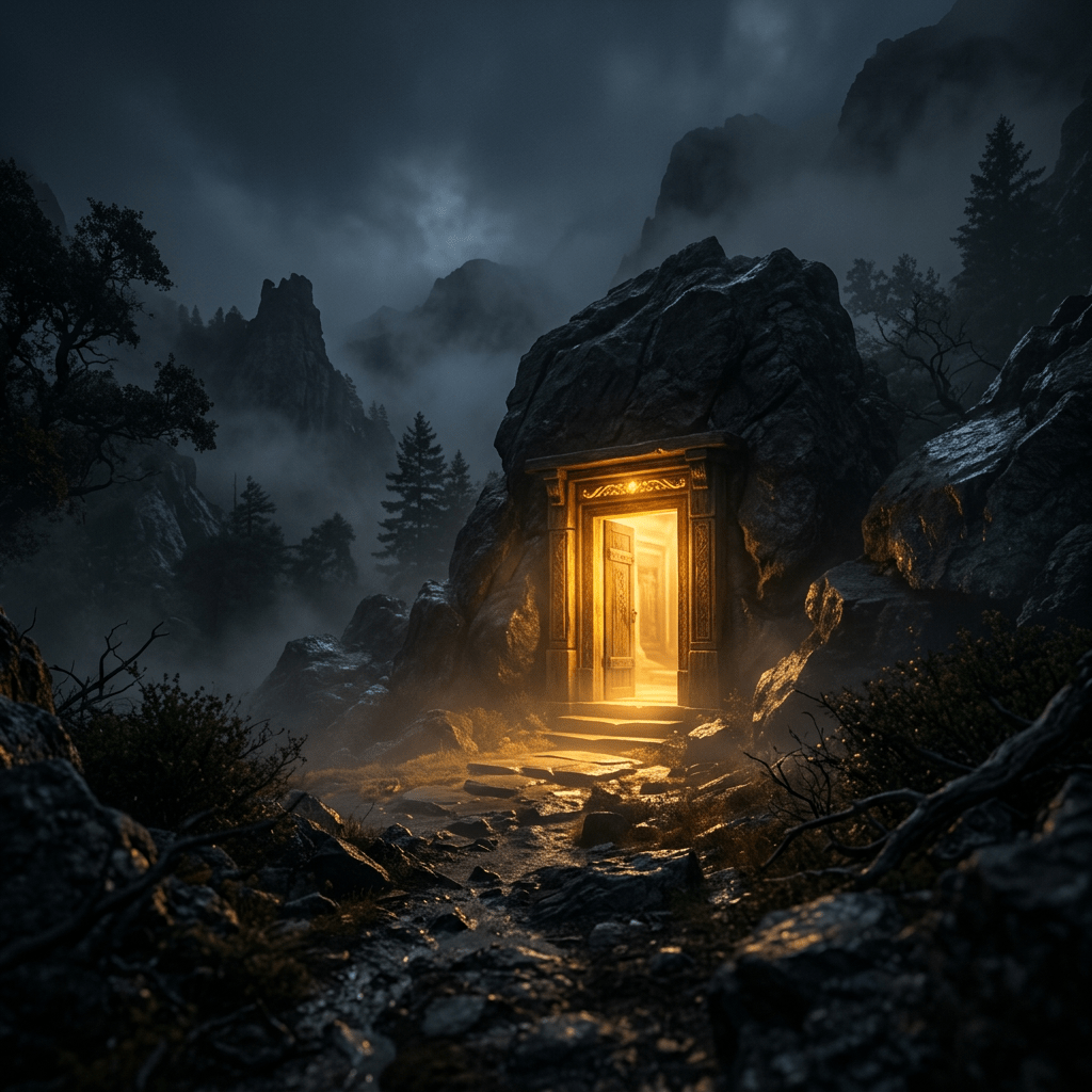 Glowing open door in rocky mountain cave with fog and trees at night